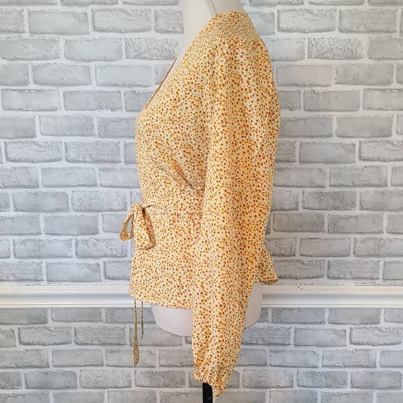 Yellow Daisy Floral Long Sleeve Wrap Shirt Cottagecore Fall Spring Feminine Sm - Picture 3 of 9